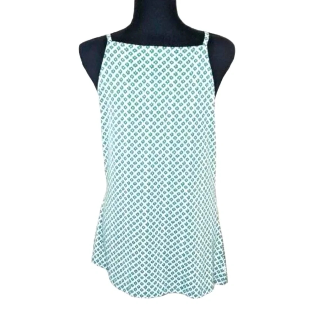 Banana Republic Asymmetrical Green & White Patterned Spaghetti Strap Flowing Top - Picture 2 of 4